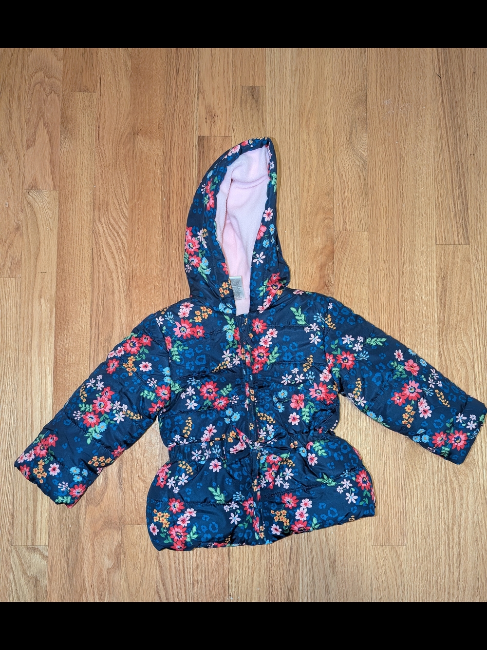Little Me 2T Navy Floral Hooded Puffer Jacket with Pink Lining